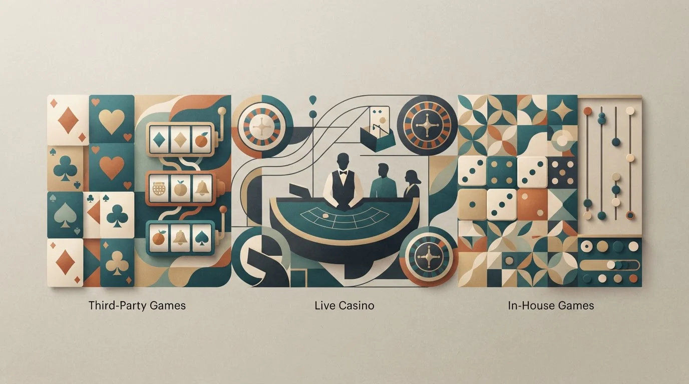 Abstract casino game mosaic with cards, reels, dice, pegs and a live table