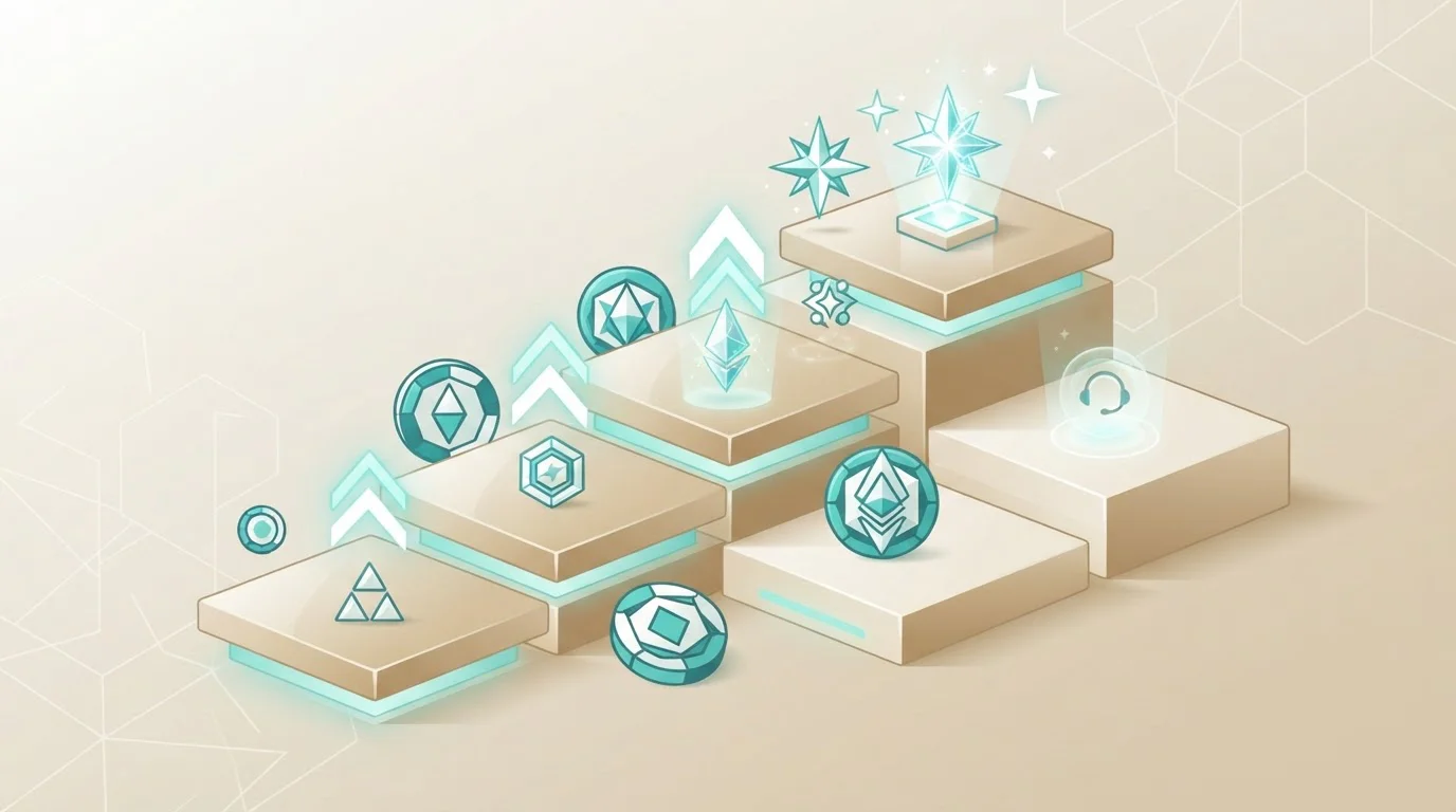 Tiered rewards ledger with rising progress markers and recurring benefit symbols