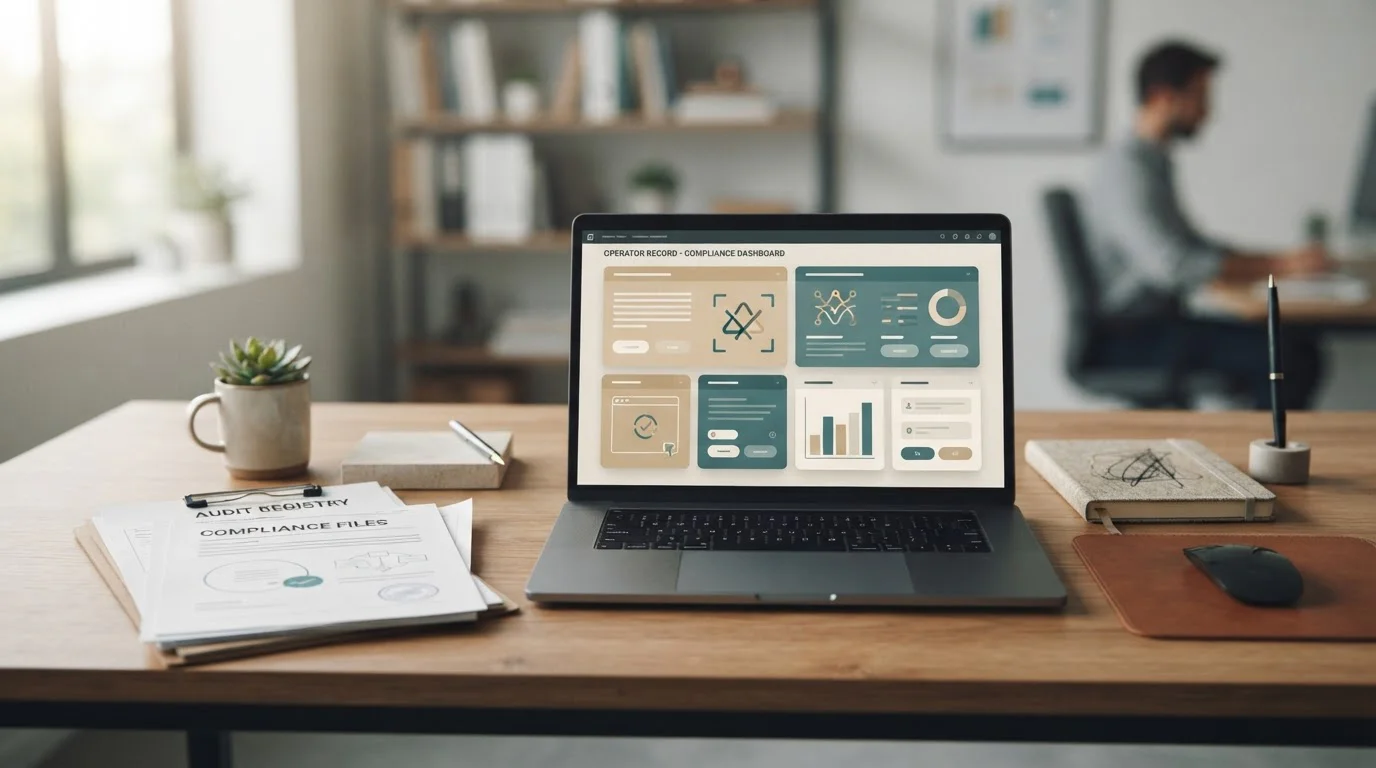 Abstract registry documents, verification marks and a digital operator record arranged on a desk