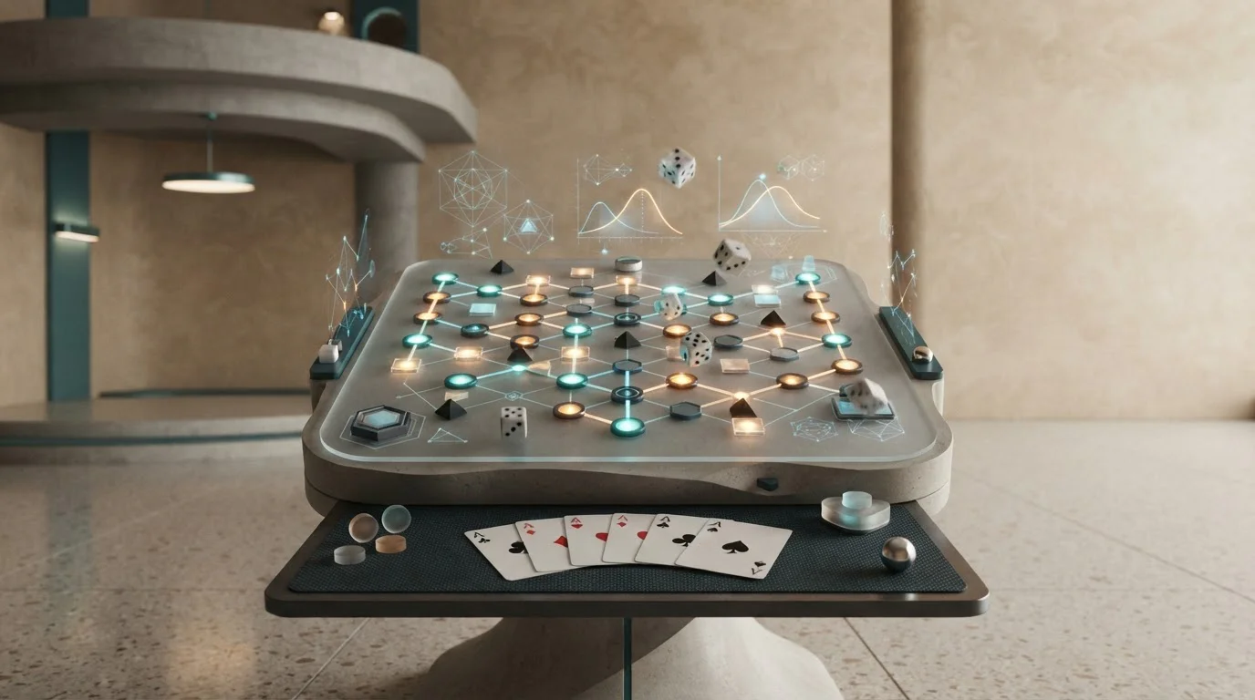 Abstract casino game grid with dice, pegs, cards and mine tiles